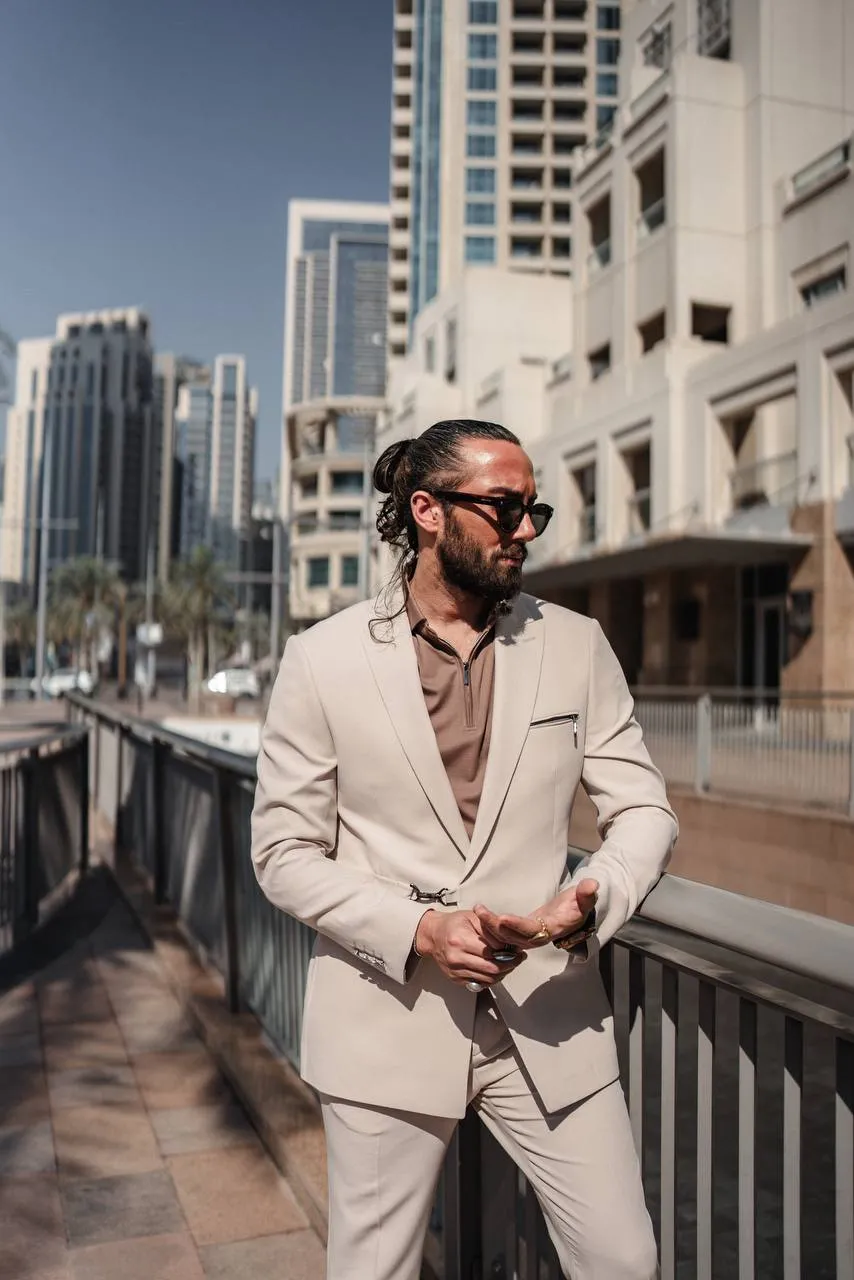 Men's Beige Zipper 2Piece Slim Fit Suit