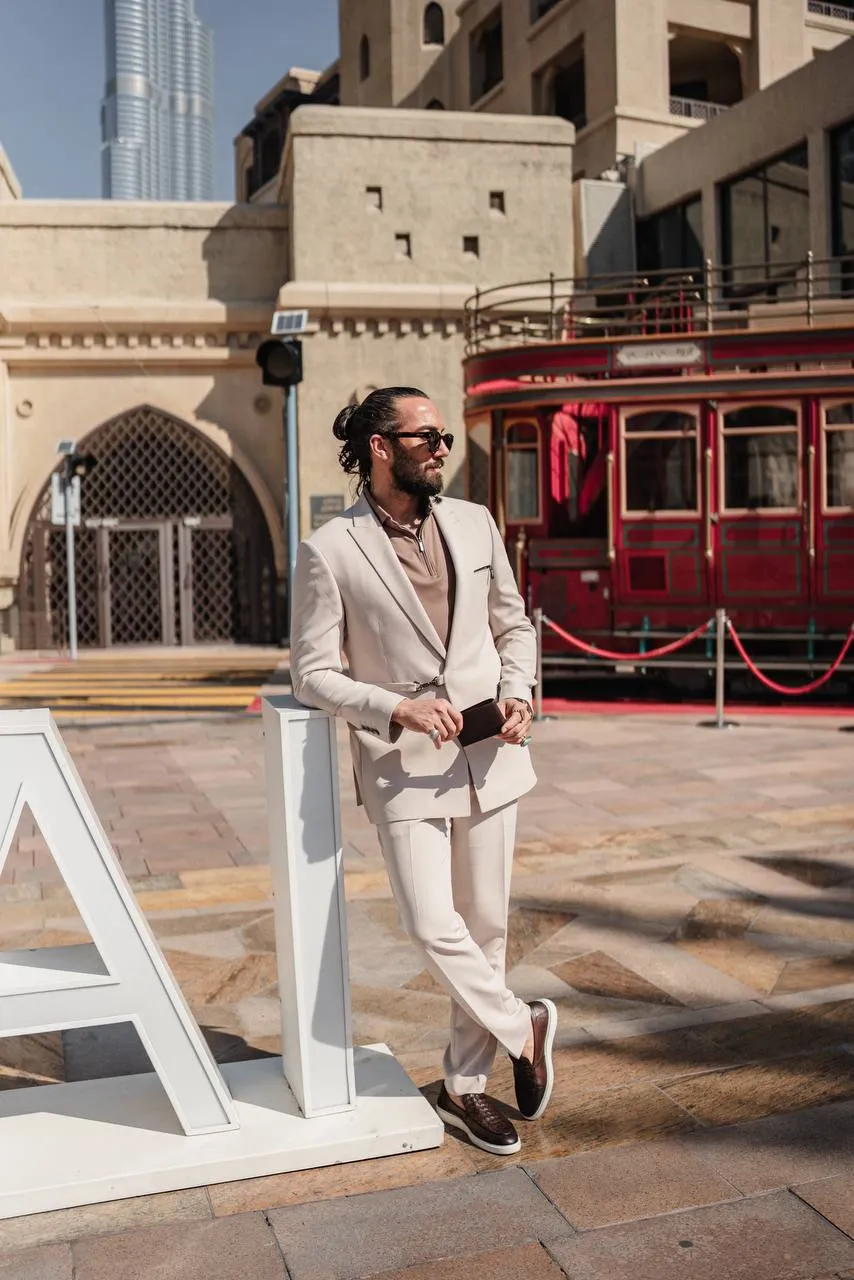 Men's Beige Zipper 2Piece Slim Fit Suit