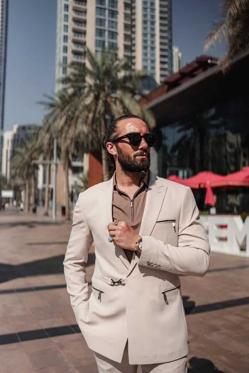 Men's Beige Zipper 2Piece Slim Fit Suit