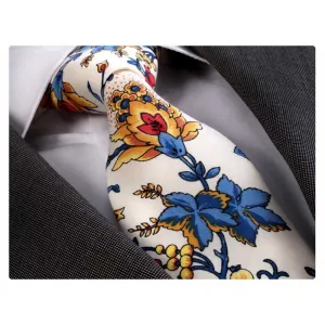 Men's Fashion White Multicolor Flowered Neck Tie Gift Box