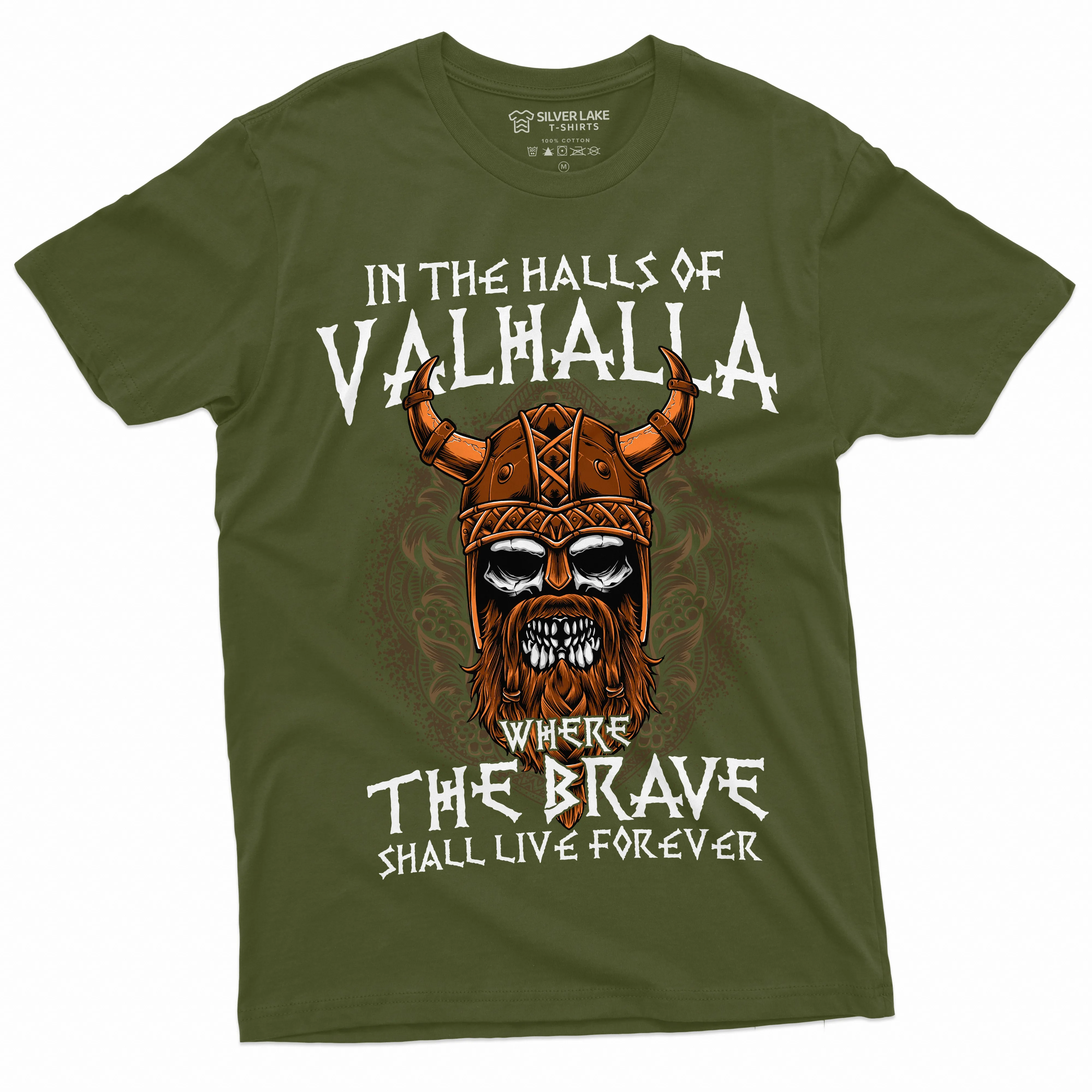 Men's Halls of Valhalla Viking T-shirt Skull Helmet Norse Mythology Nordic Tee