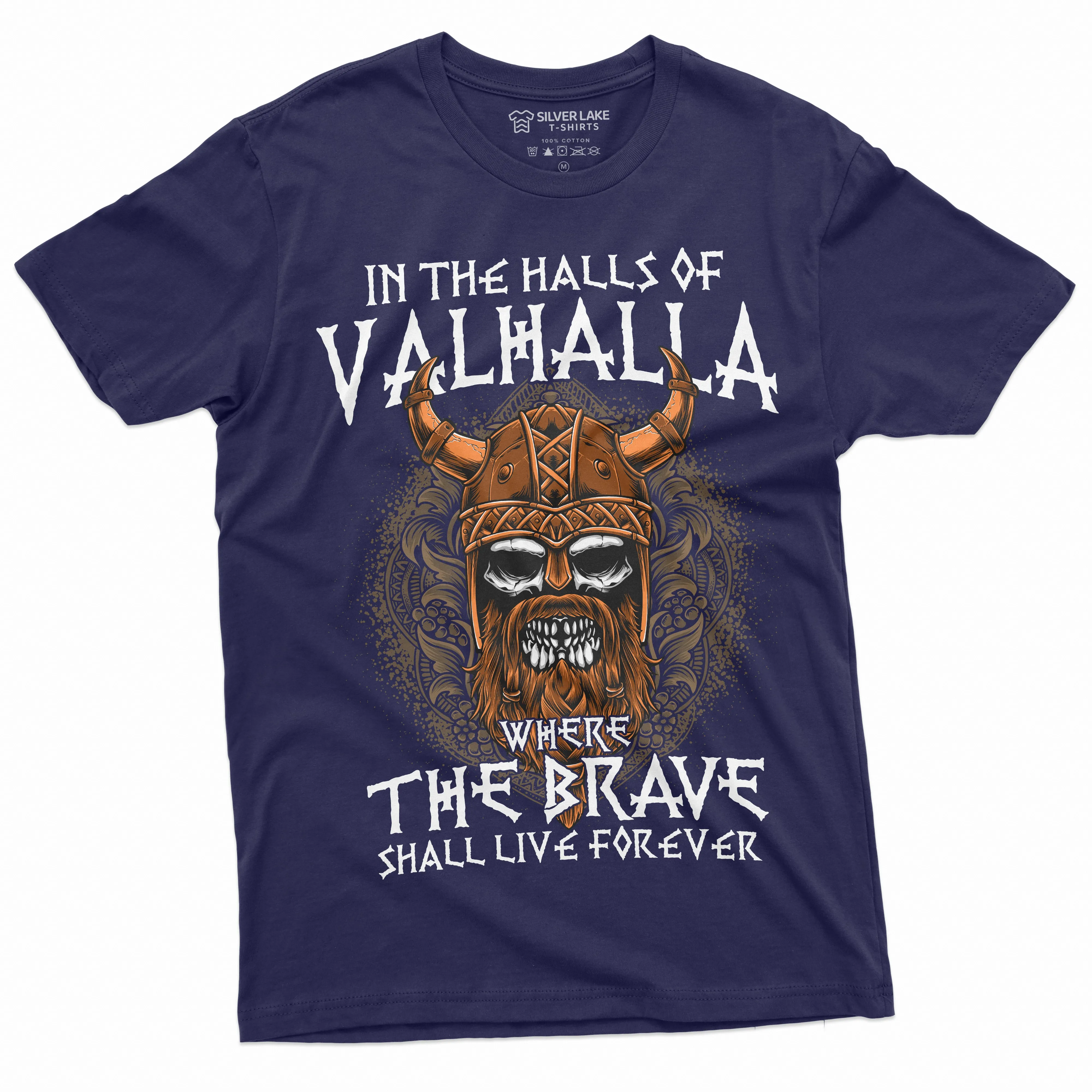 Men's Halls of Valhalla Viking T-shirt Skull Helmet Norse Mythology Nordic Tee