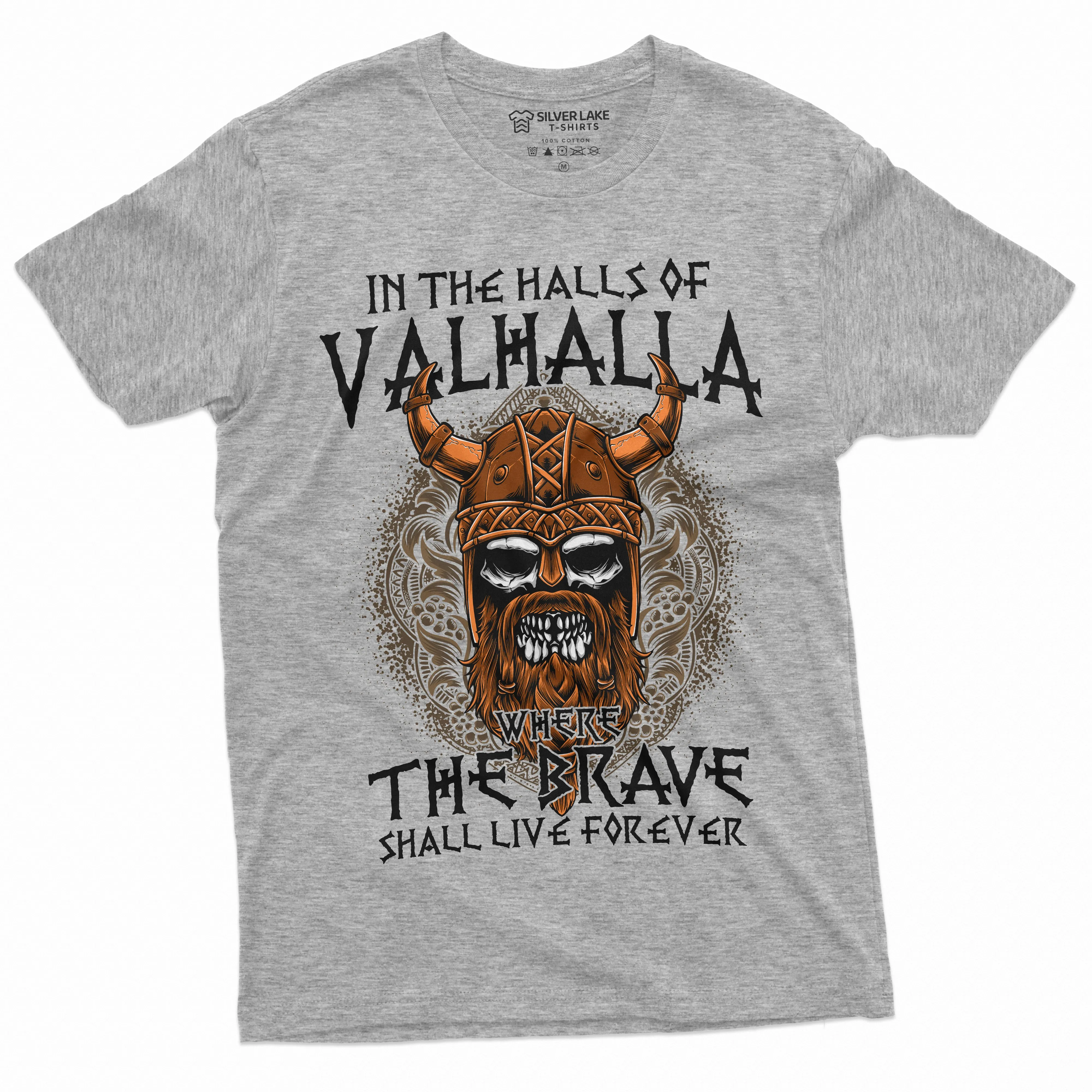 Men's Halls of Valhalla Viking T-shirt Skull Helmet Norse Mythology Nordic Tee