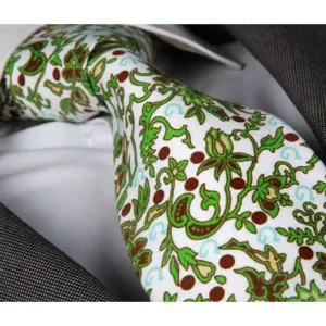 Men's jacquard White With Green & Brown Flowers Premium Neck Tie With Gift Box