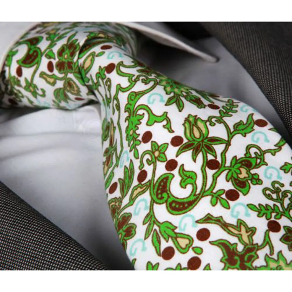 Men's jacquard White With Green & Brown Flowers Premium Neck Tie With Gift Box