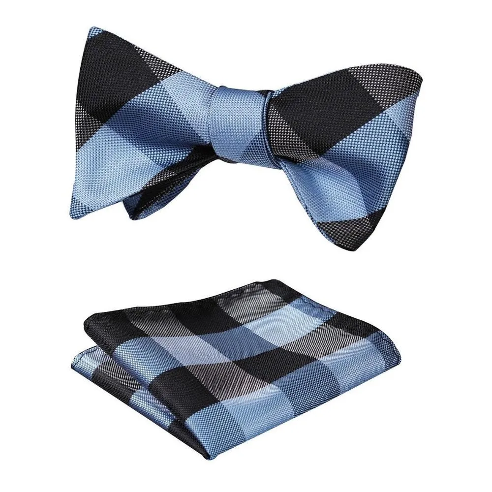 Men's Navy Blue Silk Self Bow Tie Matching Handkerchief