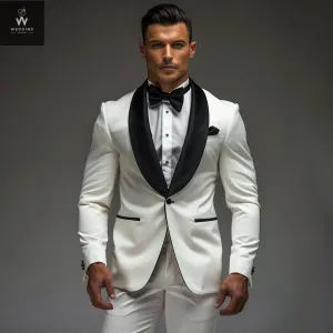 Men's Stylish White Tuxedo Suit – White & Black Bespoke Wedding Attire, Custom Tailored Suits