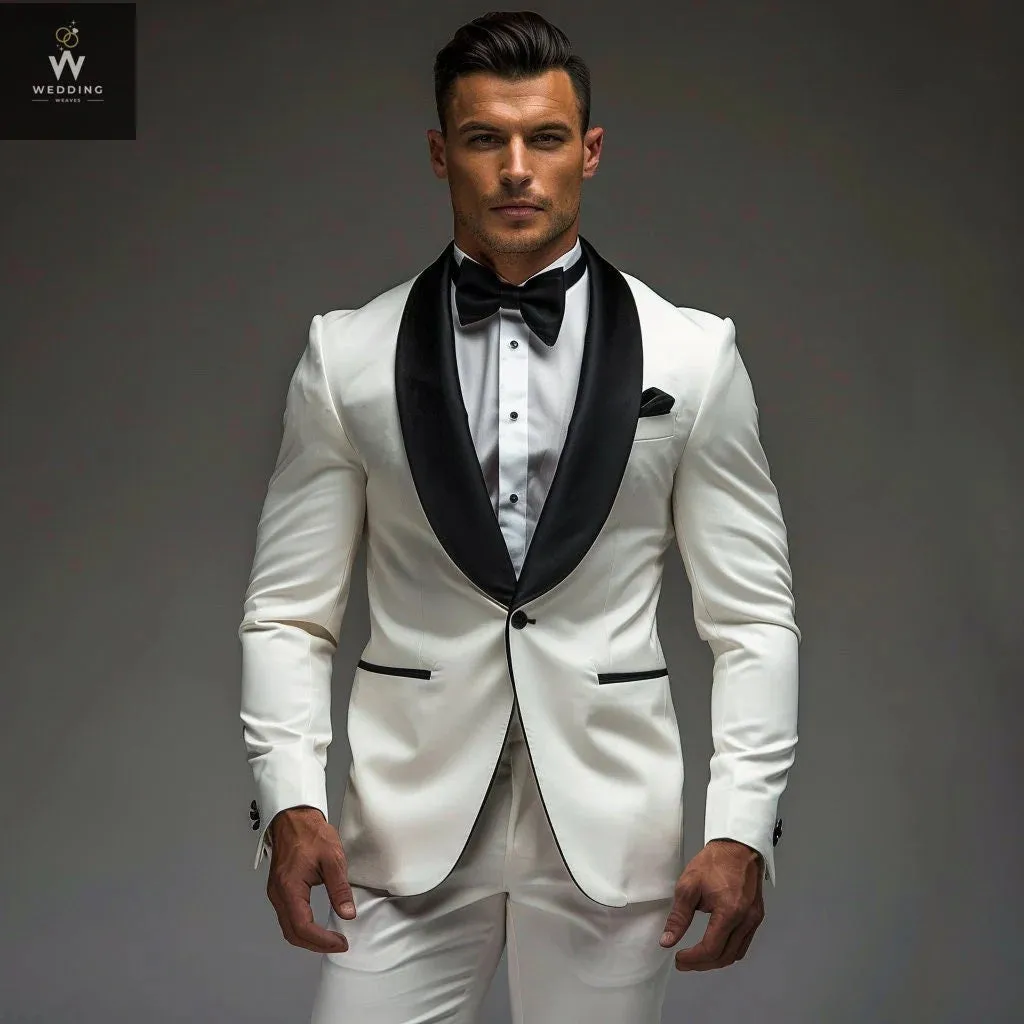 Men's Stylish White Tuxedo Suit – White & Black Bespoke Wedding Attire, Custom Tailored Suits