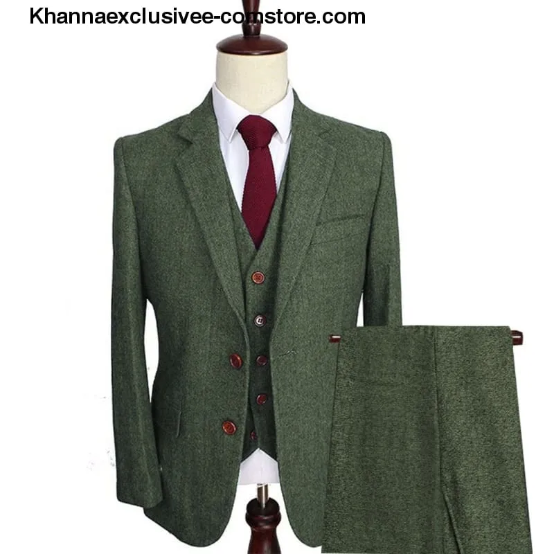 Men's Wool Tweed Suits 3 Pieces Formal Lapel Notch Tuxedos Winter Blazer Vest Pants
