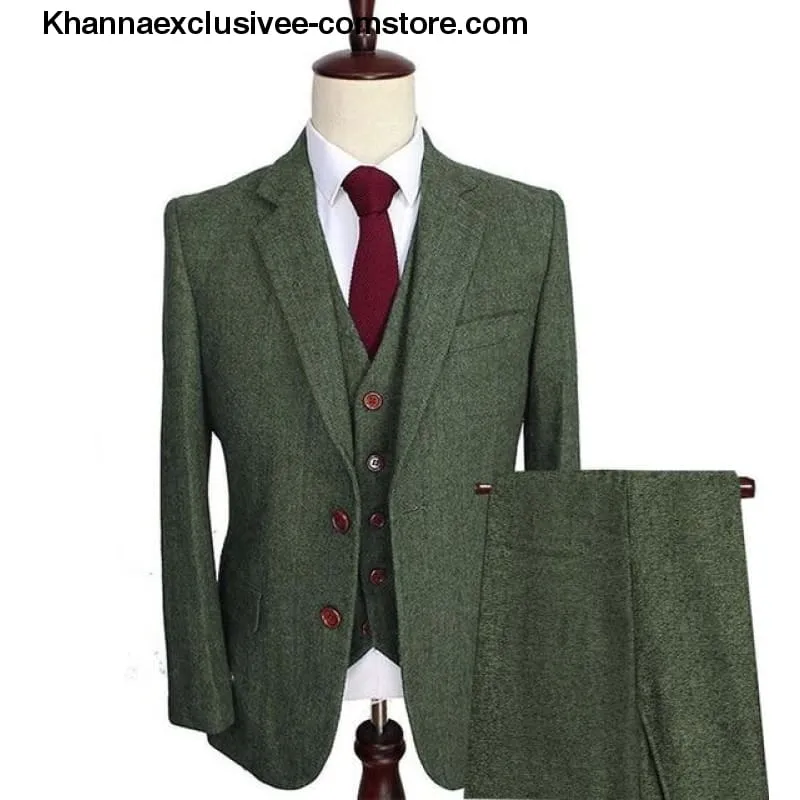 Men's Wool Tweed Suits 3 Pieces Formal Lapel Notch Tuxedos Winter Blazer Vest Pants