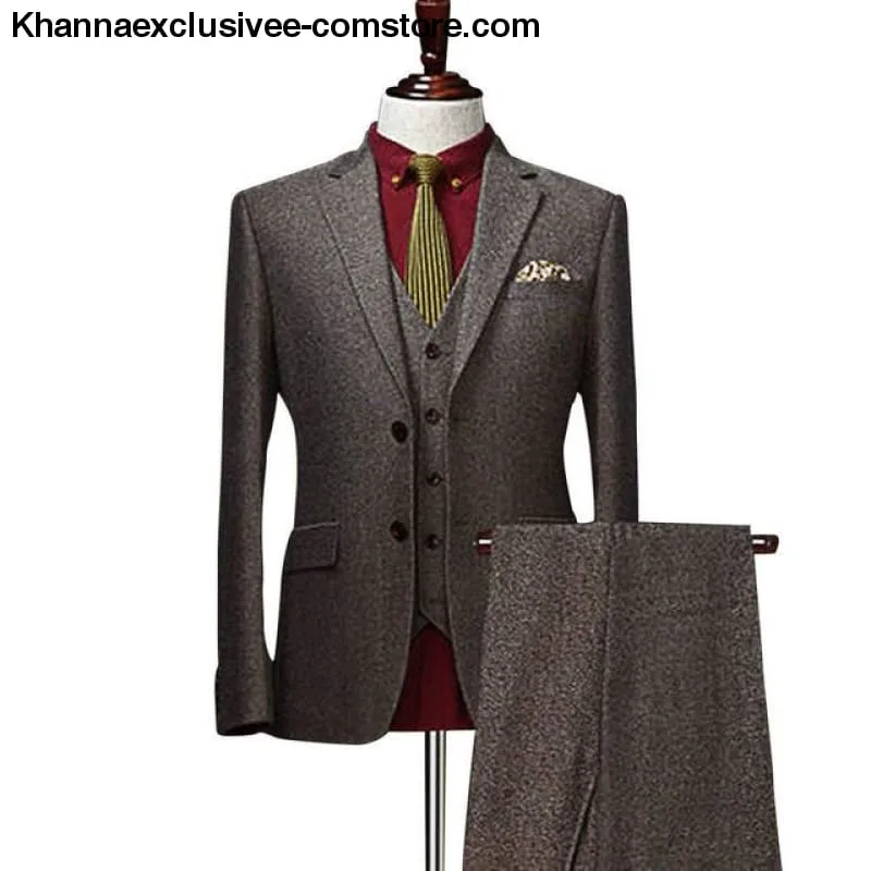 Men's Wool Tweed Suits 3 Pieces Formal Lapel Notch Tuxedos Winter Blazer Vest Pants