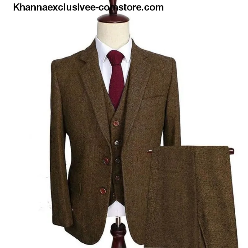 Men's Wool Tweed Suits 3 Pieces Formal Lapel Notch Tuxedos Winter Blazer Vest Pants