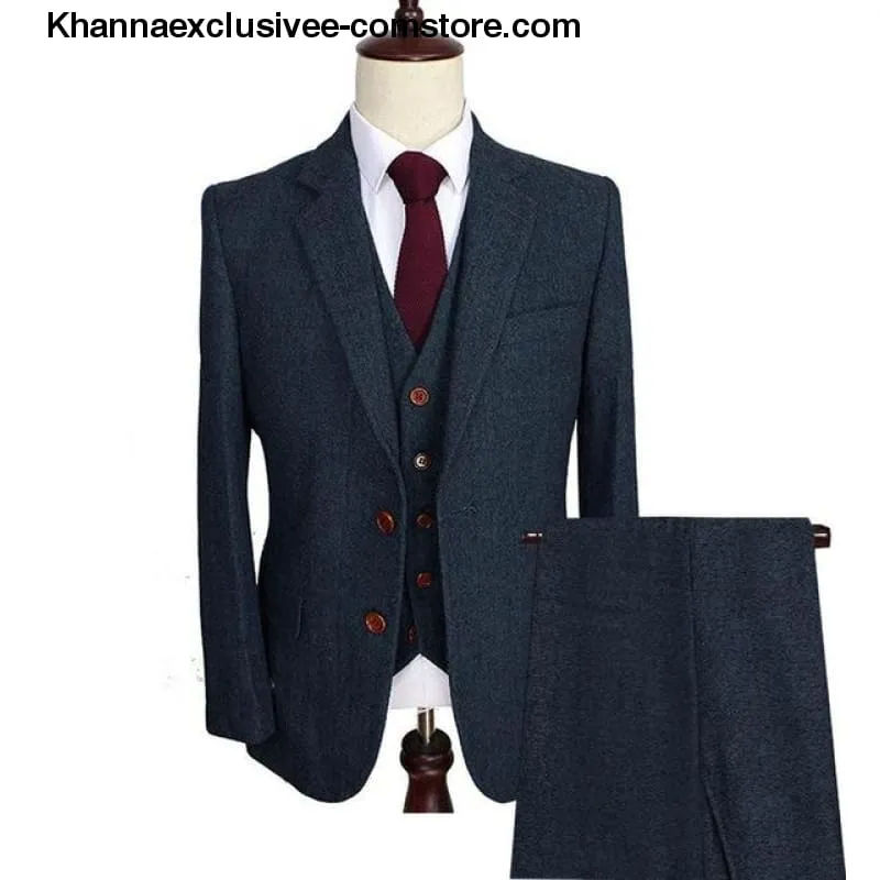 Men's Wool Tweed Suits 3 Pieces Formal Lapel Notch Tuxedos Winter Blazer Vest Pants