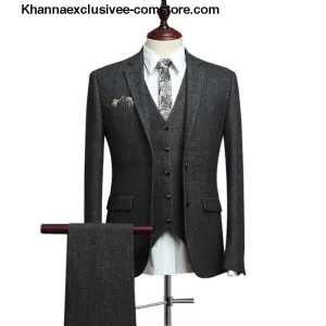 Men's Wool Tweed Suits 3 Pieces Formal Lapel Notch Tuxedos Winter Blazer Vest Pants