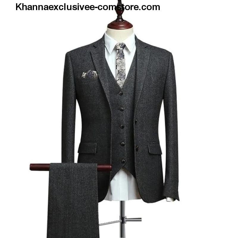 Men's Wool Tweed Suits 3 Pieces Formal Lapel Notch Tuxedos Winter Blazer Vest Pants