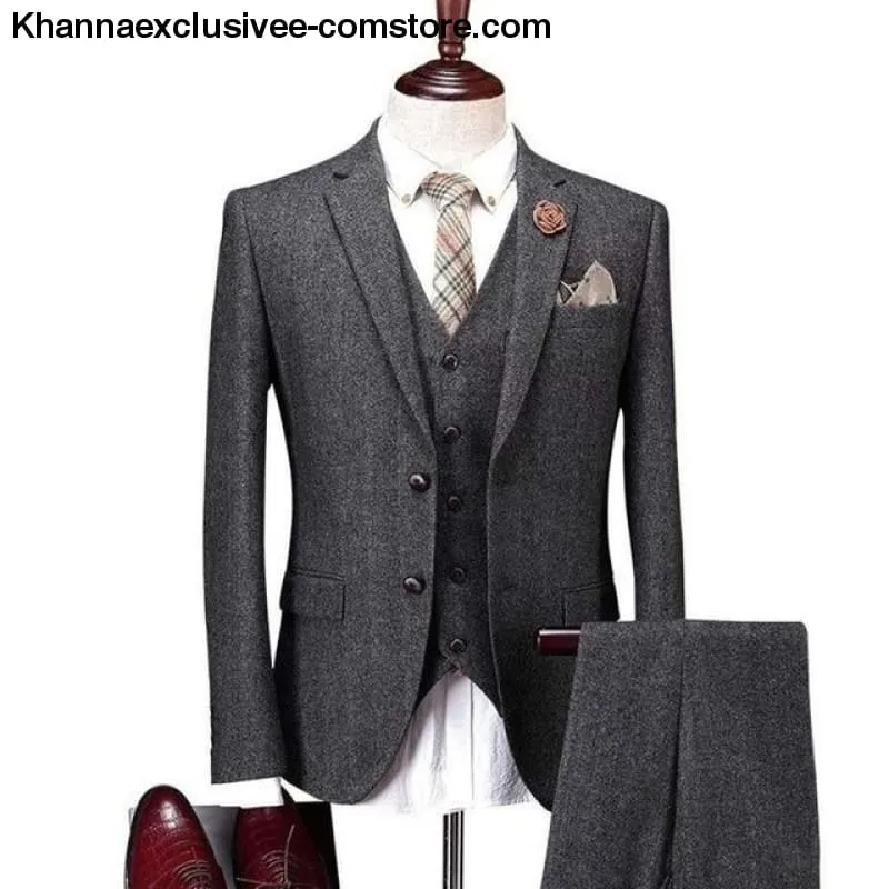 Men's Wool Tweed Suits 3 Pieces Formal Lapel Notch Tuxedos Winter Blazer Vest Pants