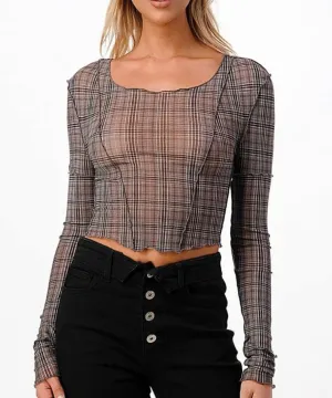 Mesh Plaid Long Sleeve Crop Top