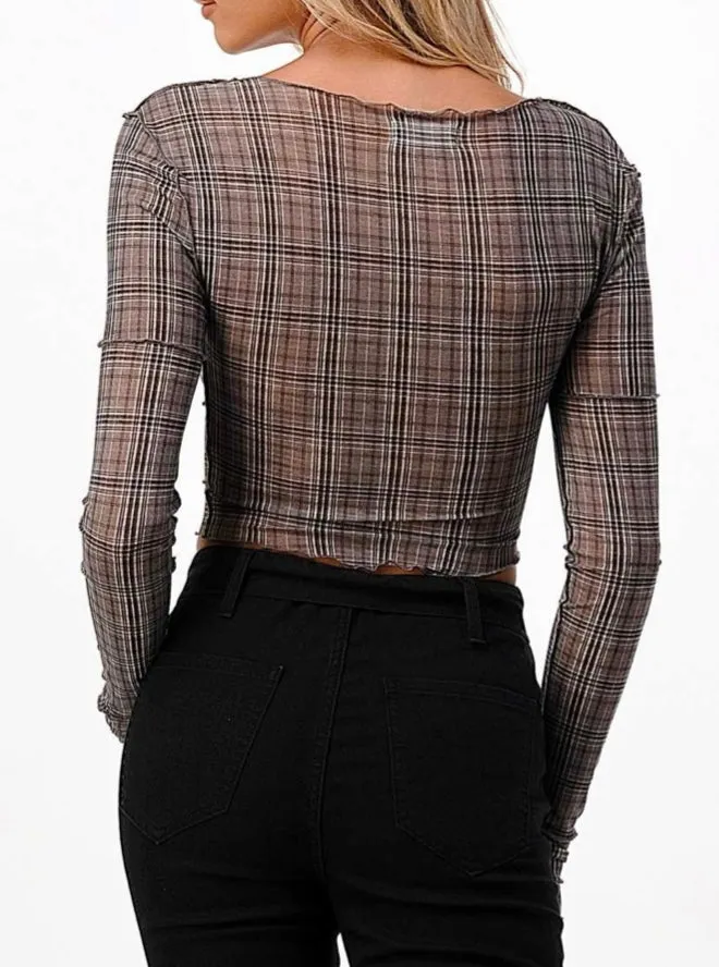 Mesh Plaid Long Sleeve Crop Top