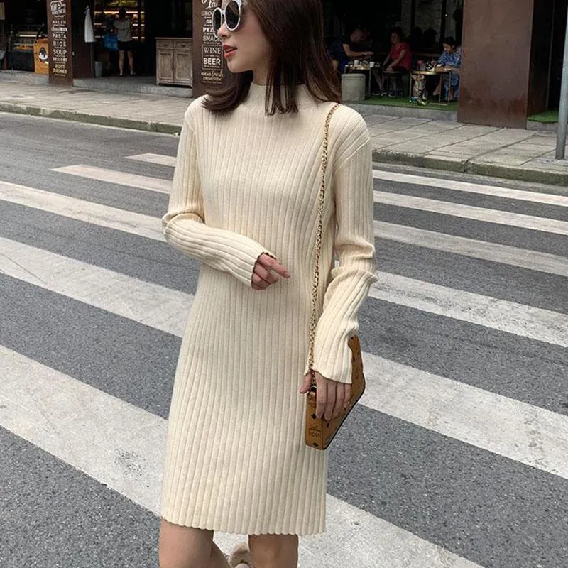 Mid-length Dress In Autumn and Winter Half High Neck Slim Fit Inner Sweater Fashion Solid Color Sweater Skirt