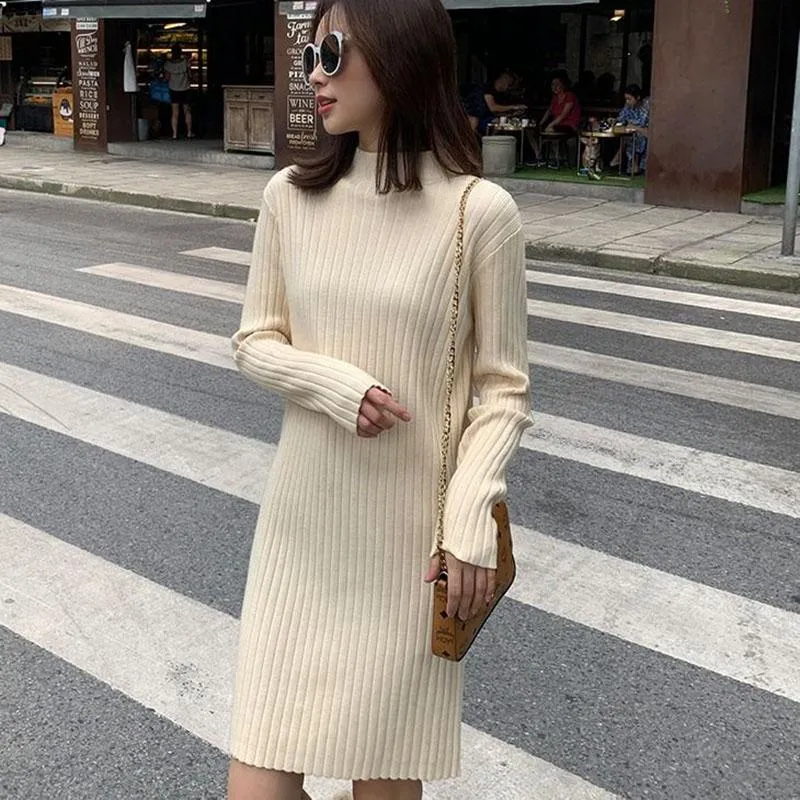 Mid-length Dress In Autumn and Winter Half High Neck Slim Fit Inner Sweater Fashion Solid Color Sweater Skirt