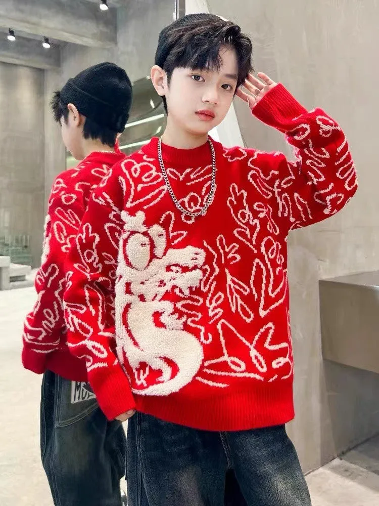 Middle-aged and older children New Year's winter 2025 boys red sweater Year of the Dragon autumn and winter New Year's greetings new thickened natal year children