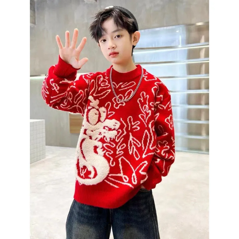 Middle-aged and older children New Year's winter 2025 boys red sweater Year of the Dragon autumn and winter New Year's greetings new thickened natal year children