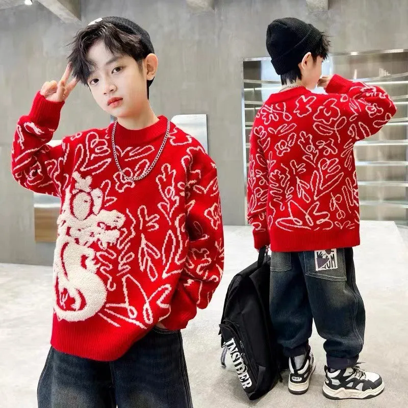 Middle-aged and older children New Year's winter 2025 boys red sweater Year of the Dragon autumn and winter New Year's greetings new thickened natal year children