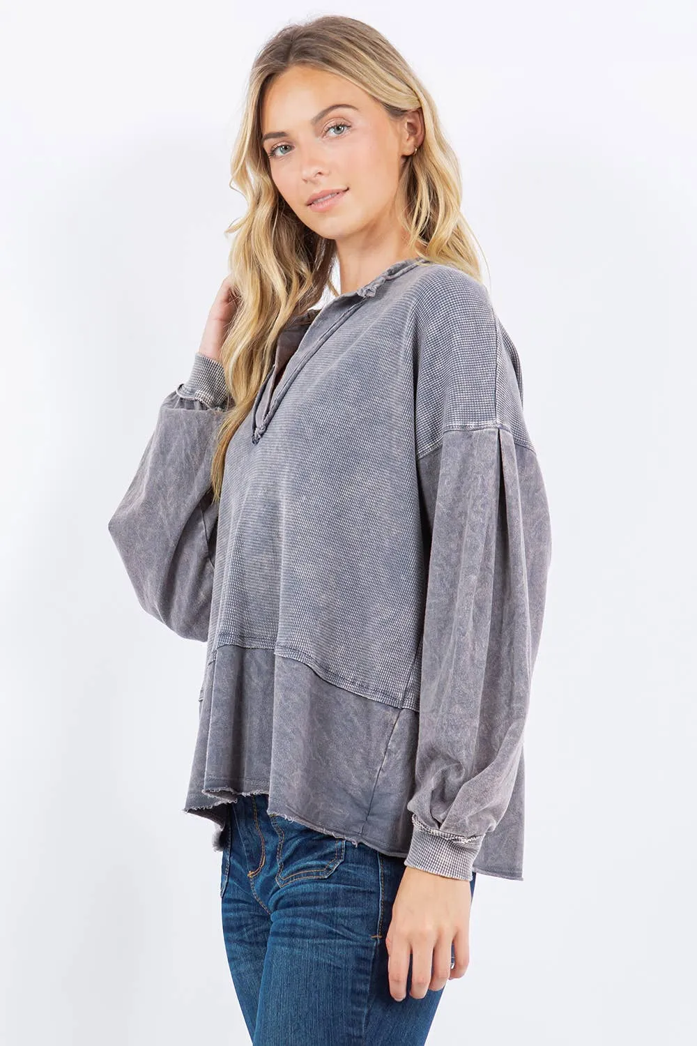 Mineral Washed BOHO Vneck top: Grey