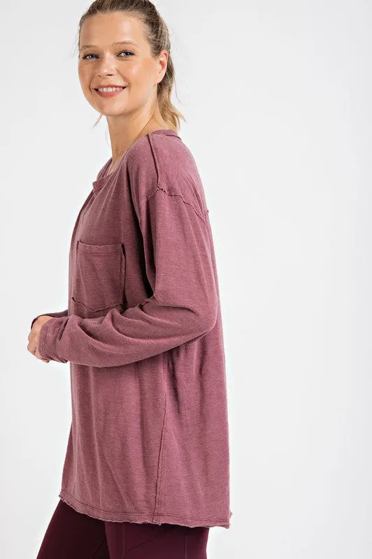 MINERAL WASHED ROUND NECKLINE LONG SLEEVE