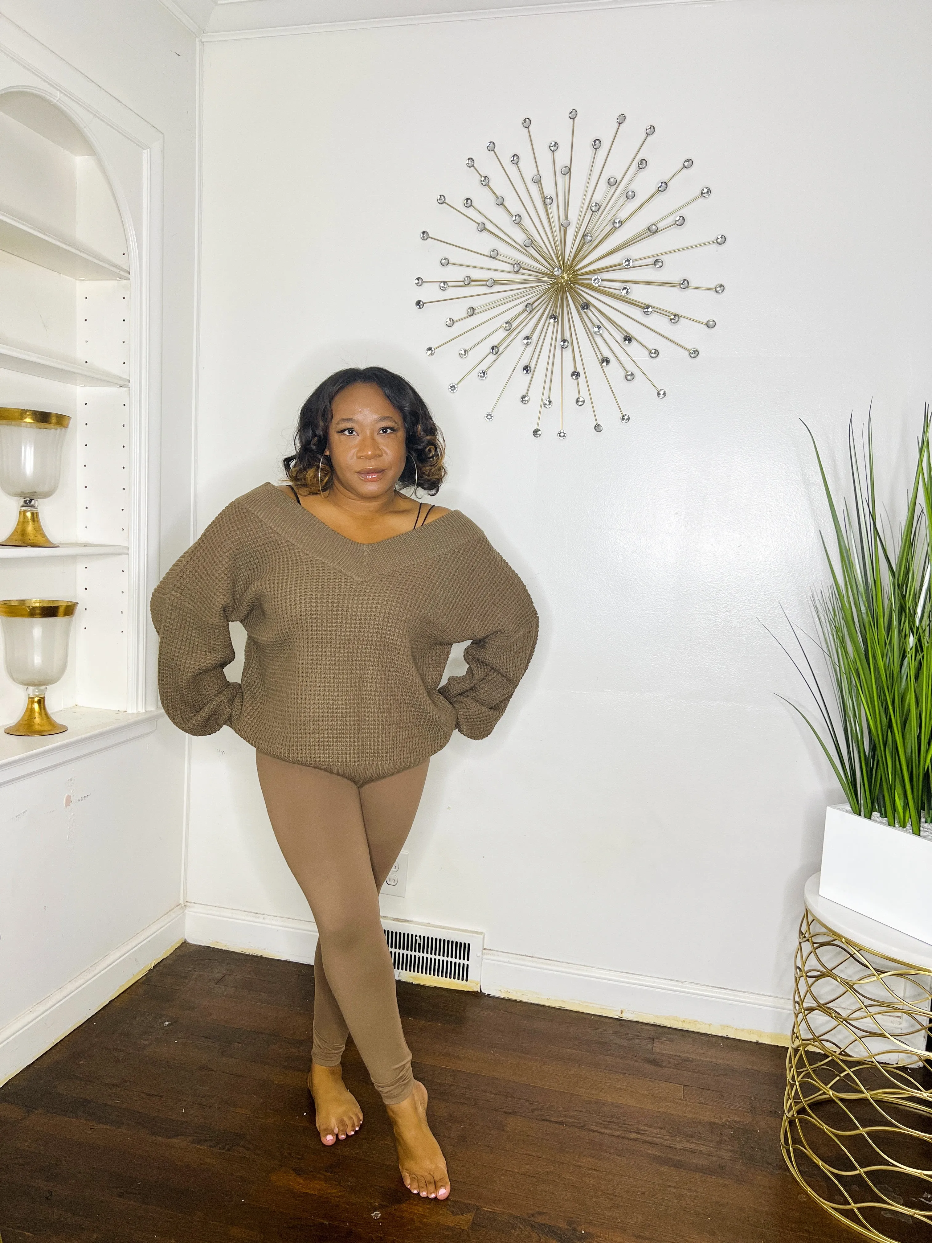 Mocha Waffle Knit V-neck Sweater