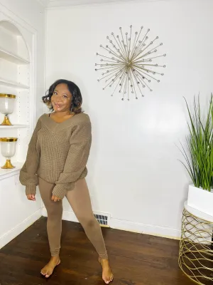 Mocha Waffle Knit V-neck Sweater