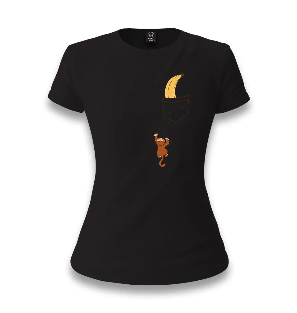 Monkey Climbing for Banana in the Pocket Women's Black T-shirt