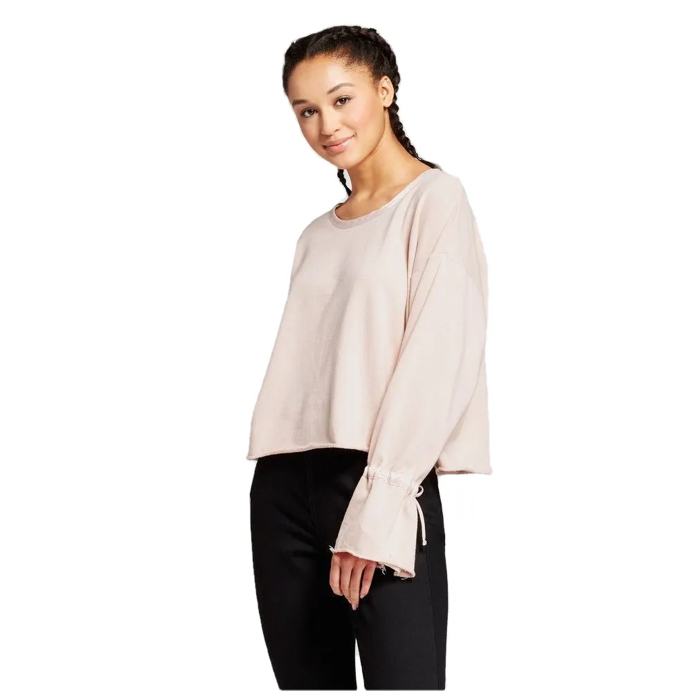 Mossimo Women's Pink French Terry Cropped Wrist Tie Pullover Sweatshirt