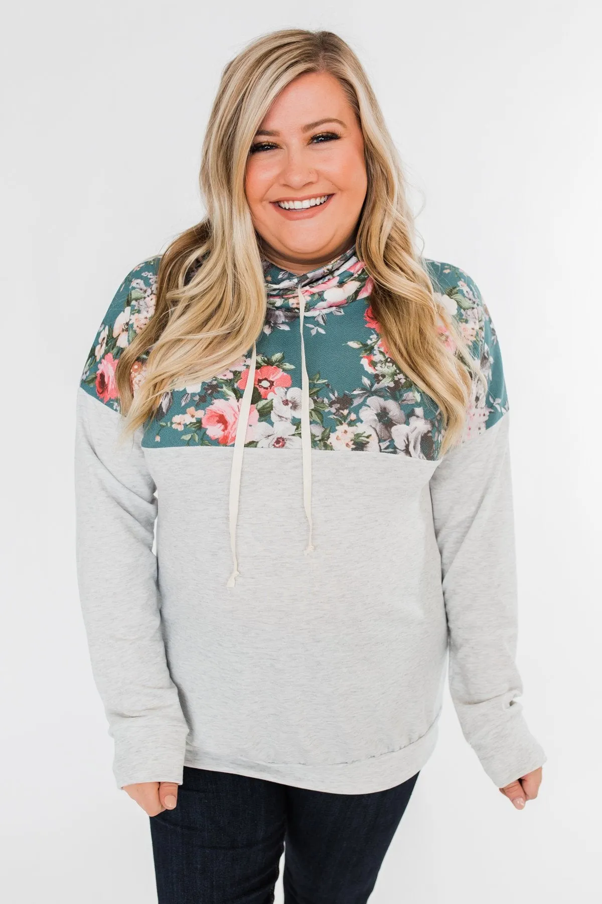 Most Beautiful Of Them All Cowl Neck Top- Heather Grey & Teal