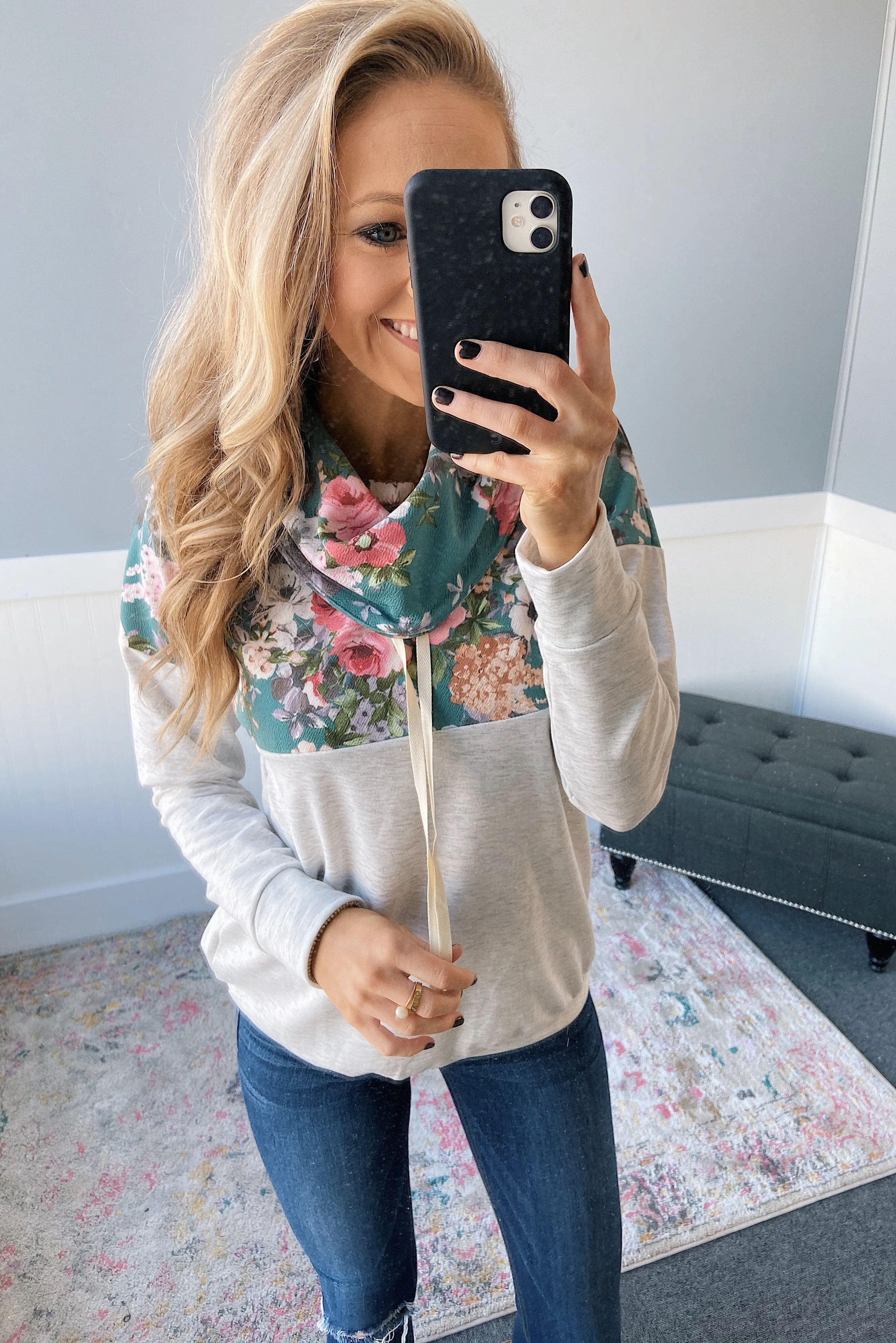 Most Beautiful Of Them All Cowl Neck Top- Heather Grey & Teal