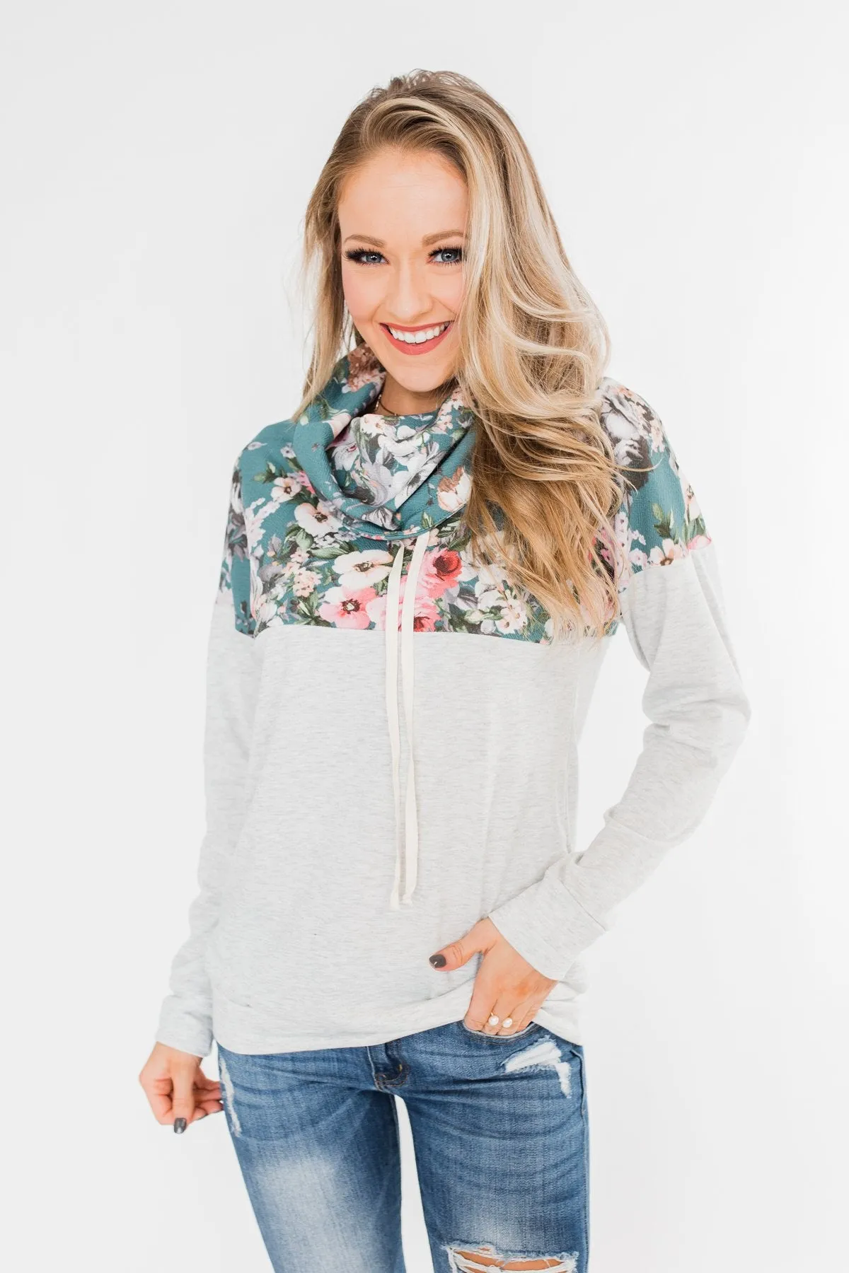 Most Beautiful Of Them All Cowl Neck Top- Heather Grey & Teal