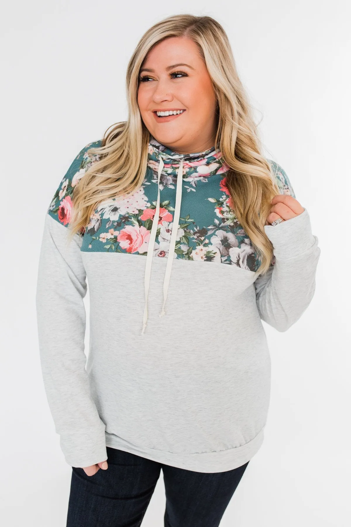 Most Beautiful Of Them All Cowl Neck Top- Heather Grey & Teal