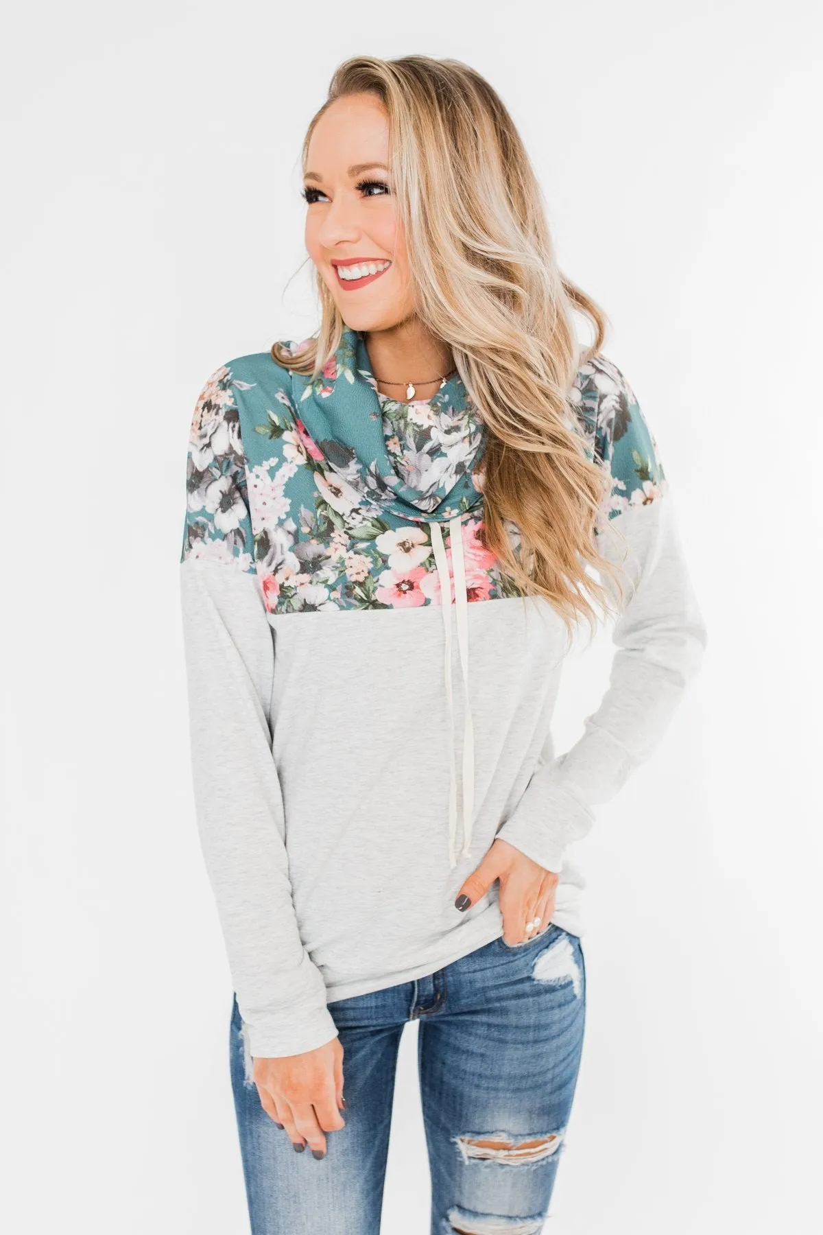 Most Beautiful Of Them All Cowl Neck Top- Heather Grey & Teal