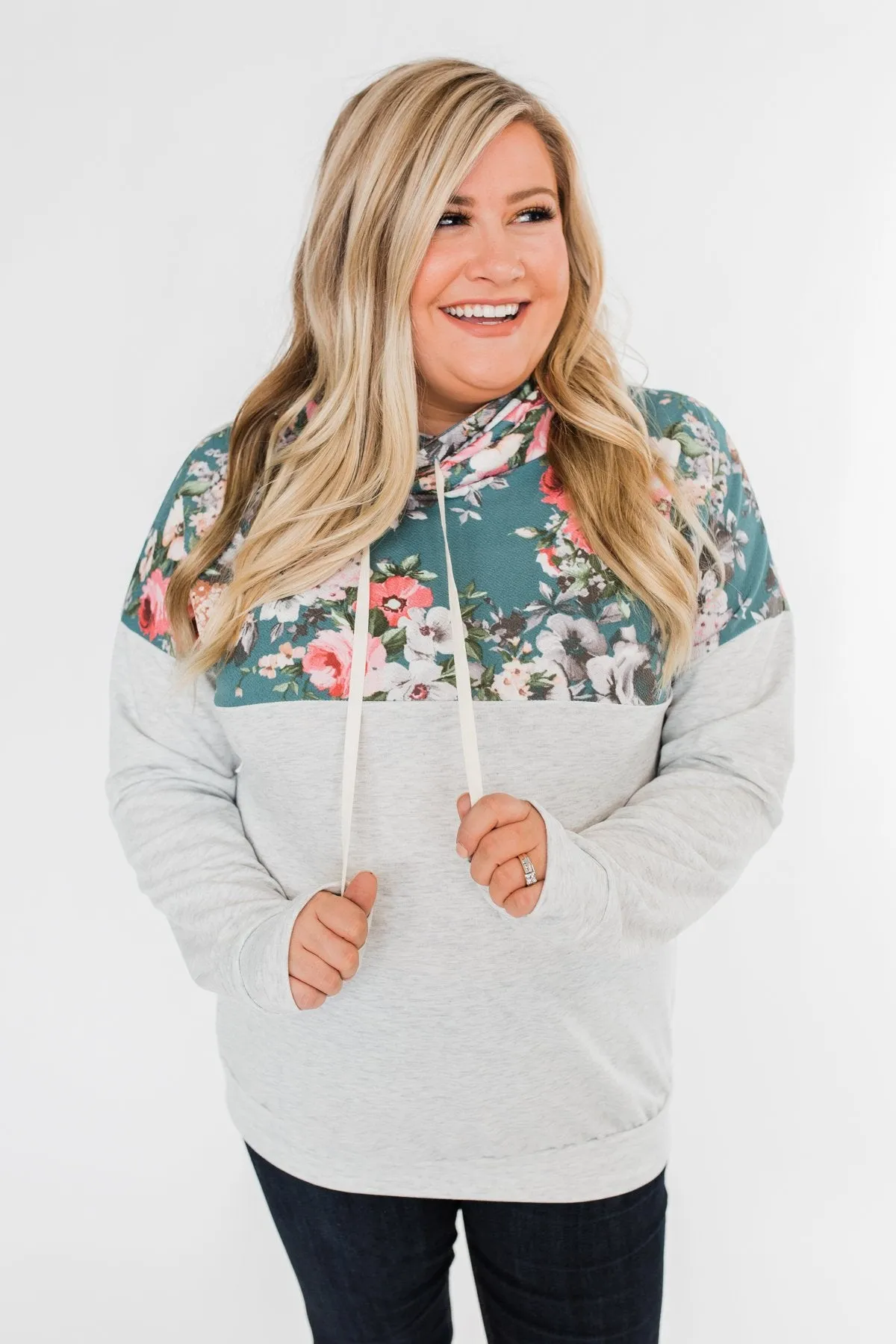 Most Beautiful Of Them All Cowl Neck Top- Heather Grey & Teal