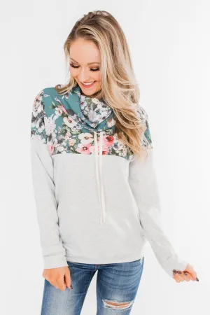 Most Beautiful Of Them All Cowl Neck Top- Heather Grey & Teal