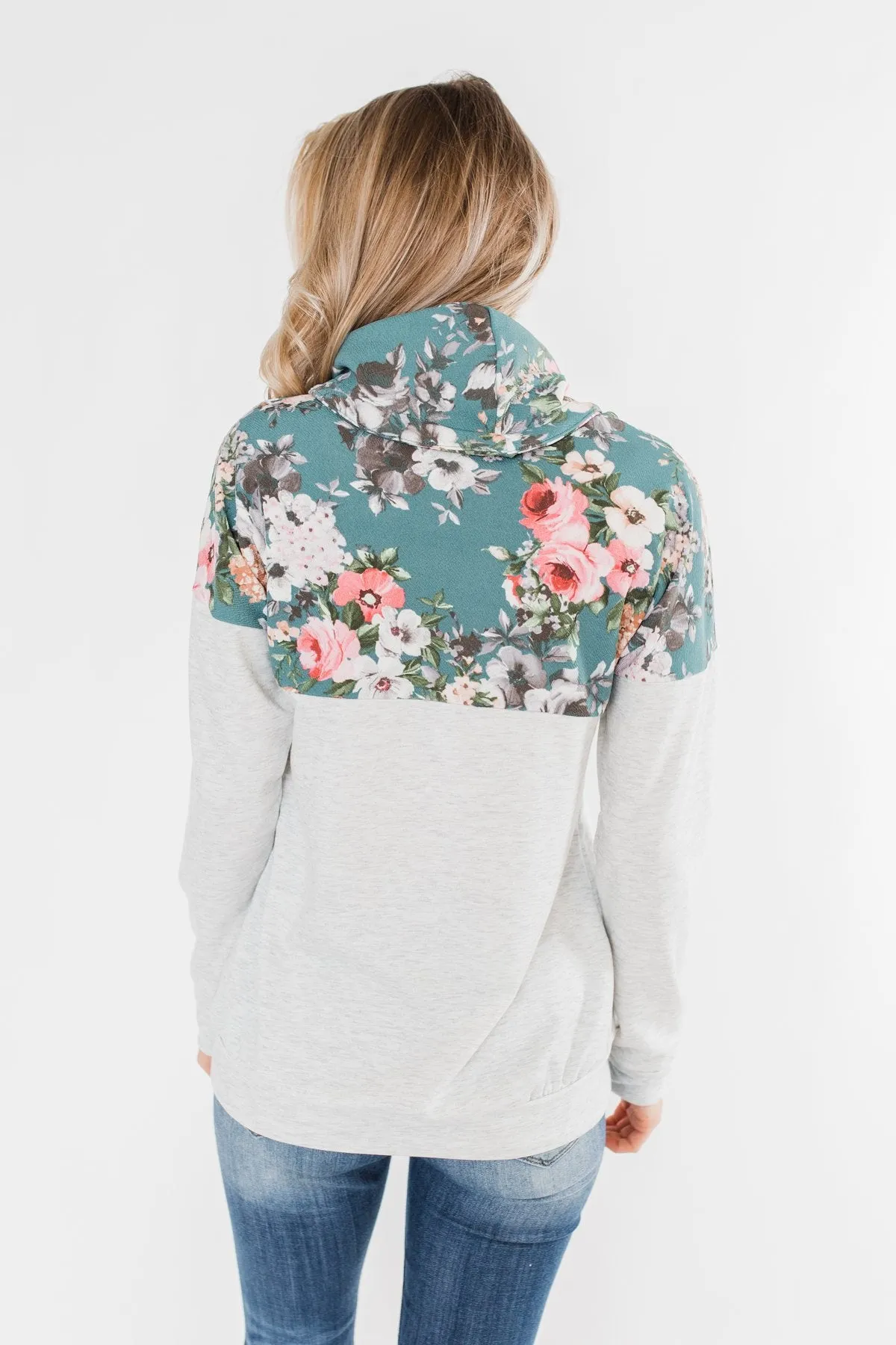 Most Beautiful Of Them All Cowl Neck Top- Heather Grey & Teal