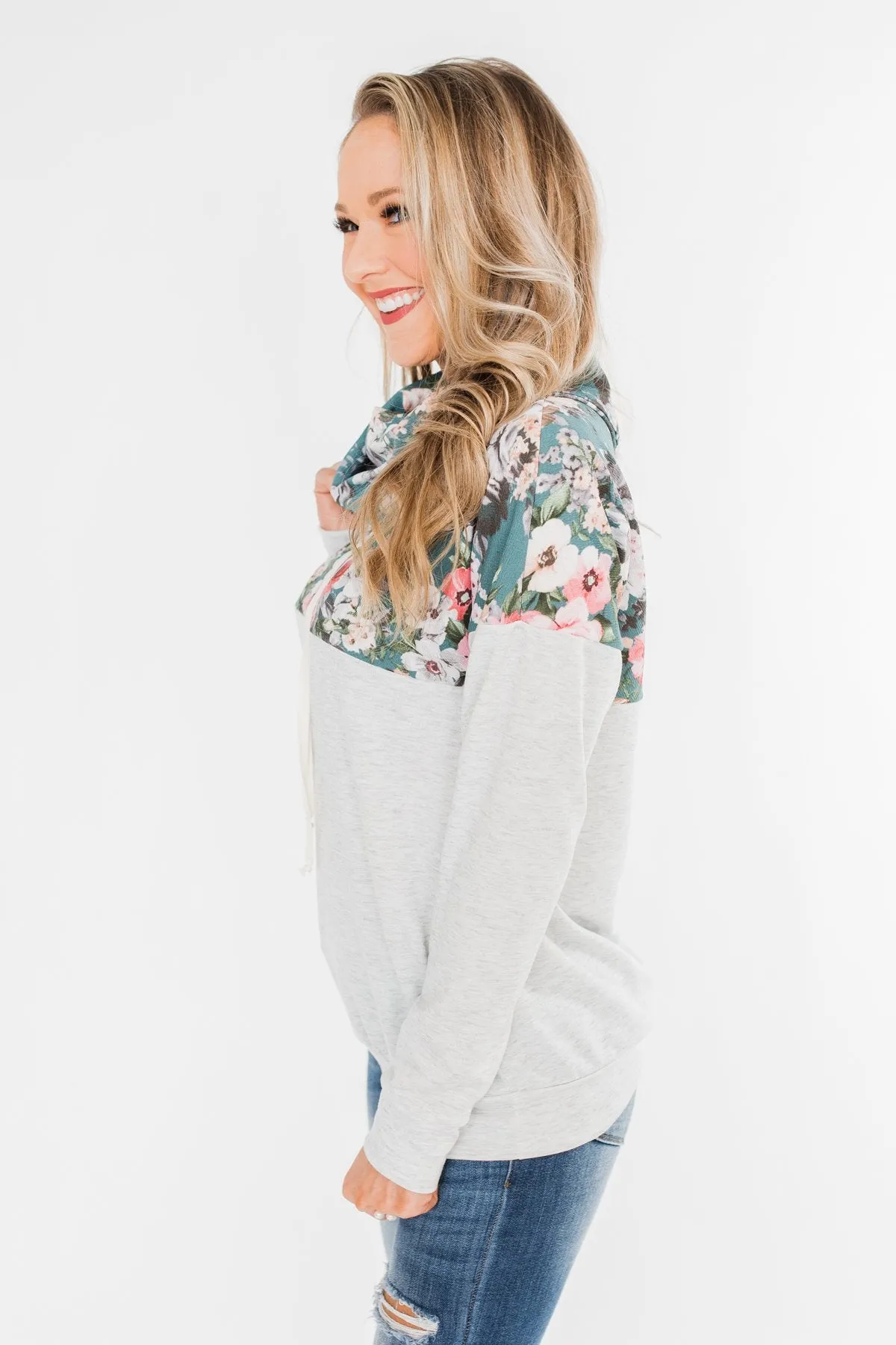 Most Beautiful Of Them All Cowl Neck Top- Heather Grey & Teal