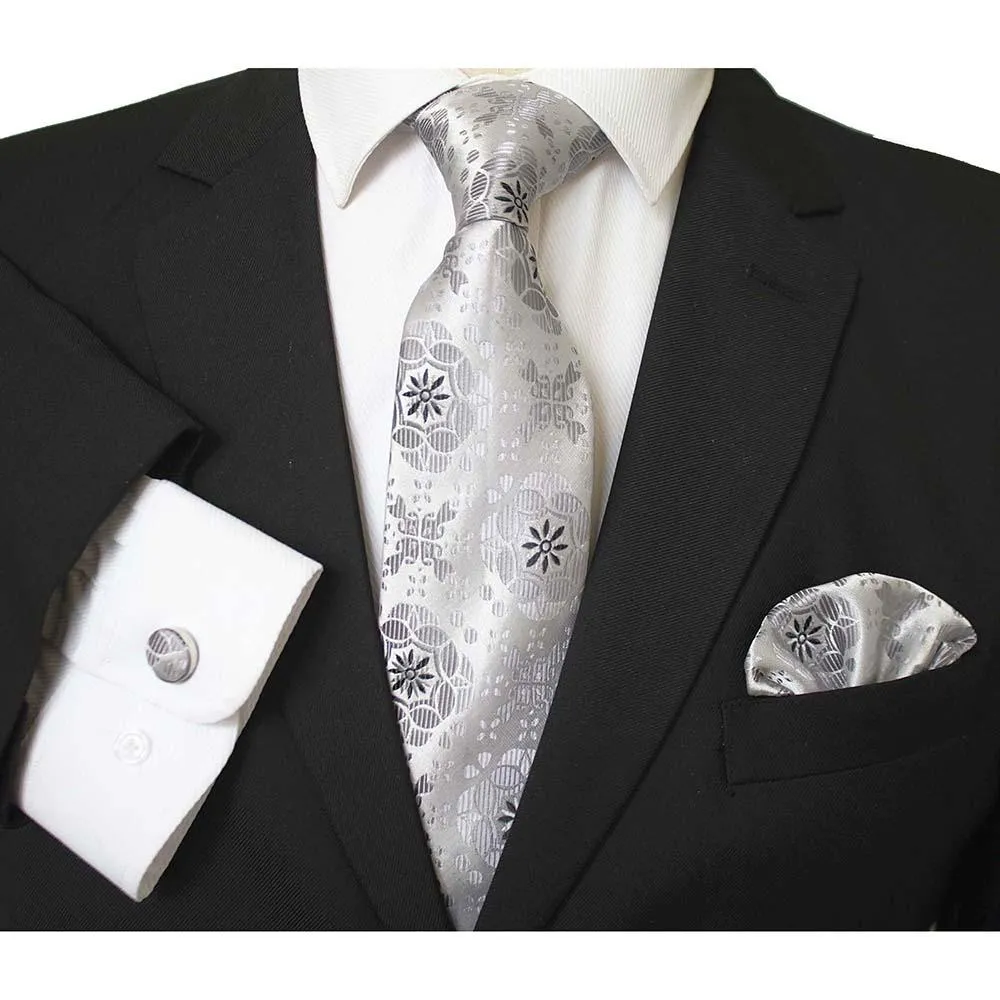 Multi Color Designer Silk Floral Necktie with Matching Cufflinks & Pocket Square Set for Men