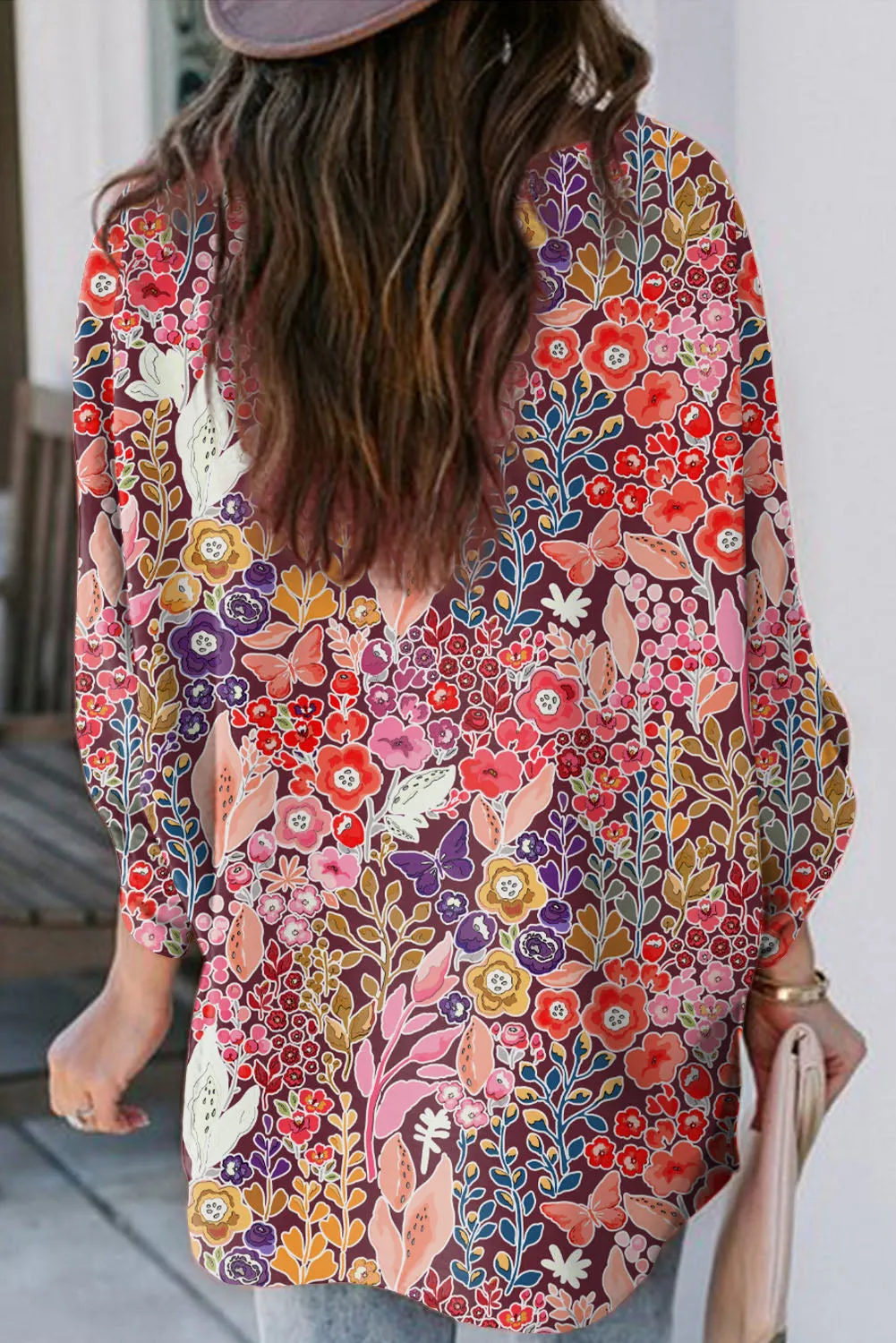 Multicolor Boho Floral Long Sleeve V-Neck Blouse