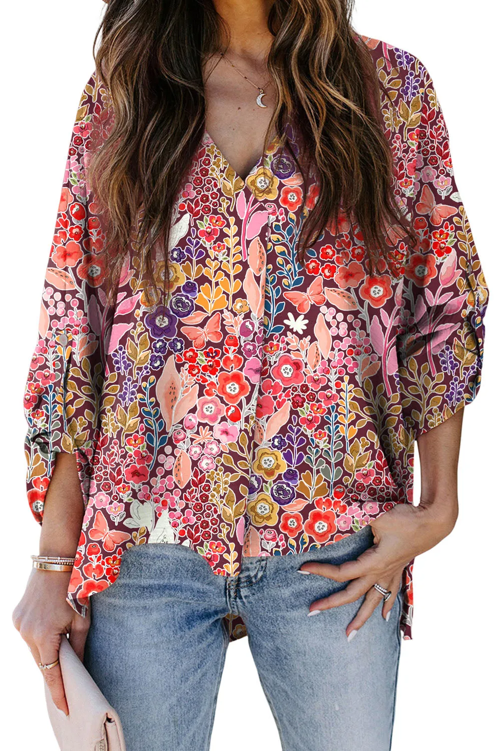 Multicolor Boho Floral Long Sleeve V-Neck Blouse