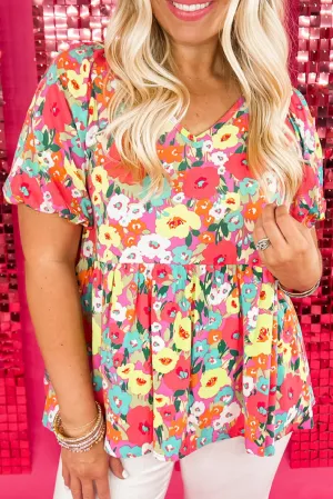 Multicolour Boho Floral Short Puff Sleeve Flowy Blouse