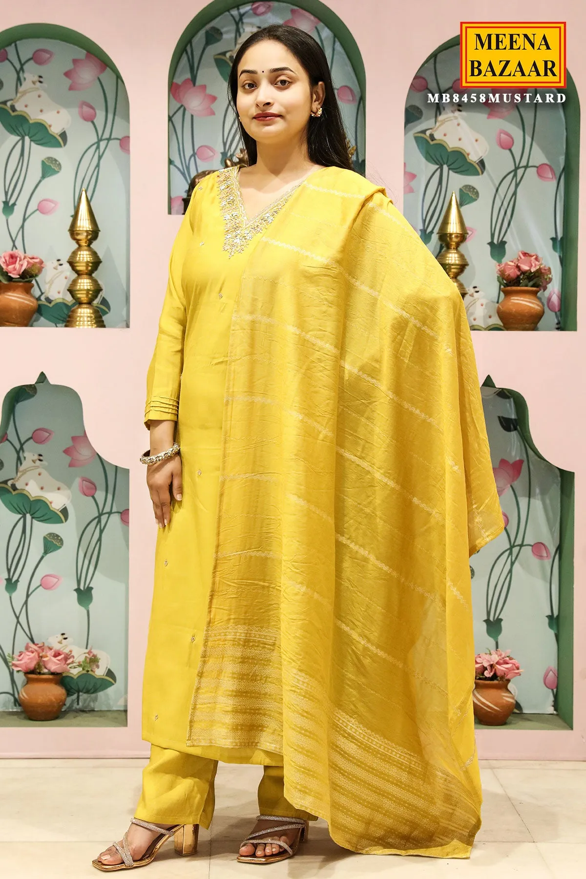 Mustard Muslin Cut Dana, Sequin Embroidered Suit Set