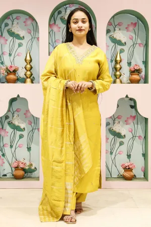 Mustard Muslin Cut Dana, Sequin Embroidered Suit Set