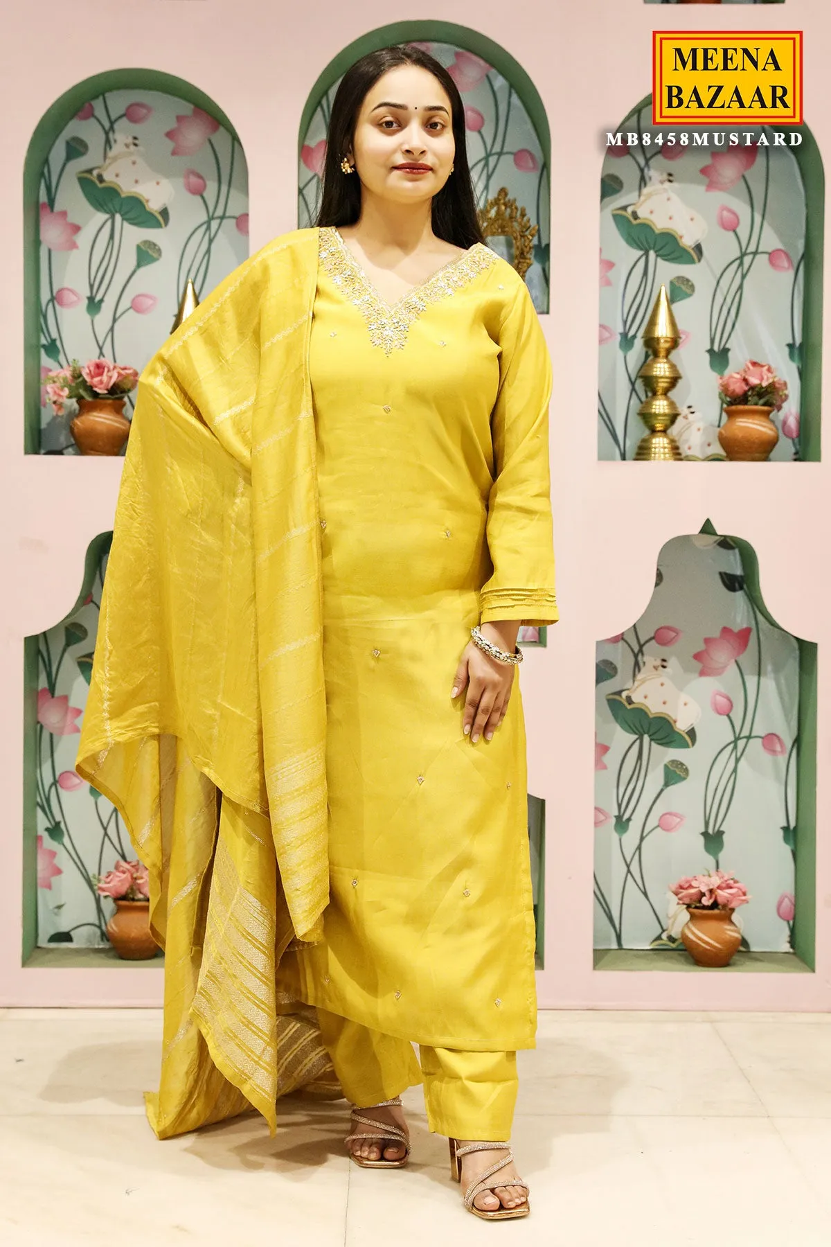 Mustard Muslin Cut Dana, Sequin Embroidered Suit Set