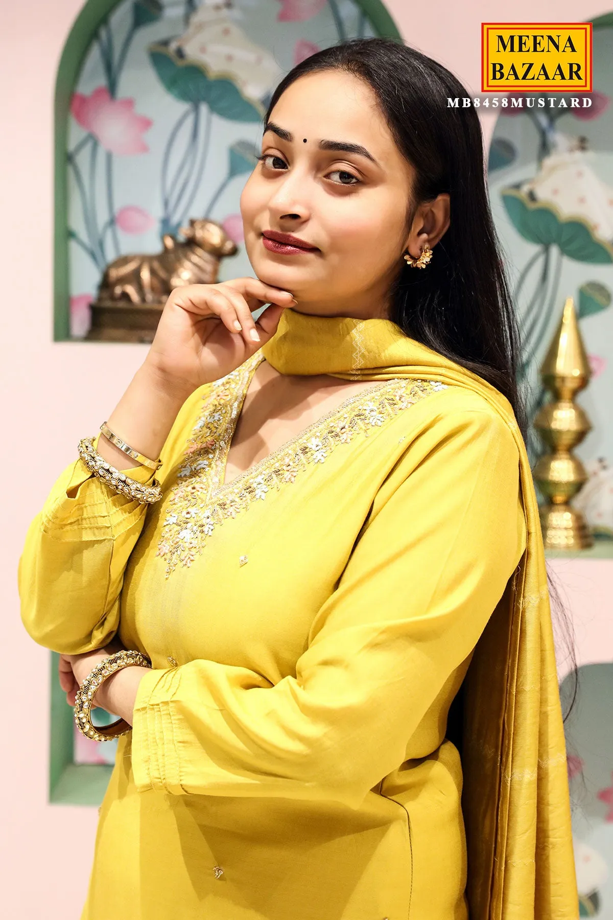 Mustard Muslin Cut Dana, Sequin Embroidered Suit Set